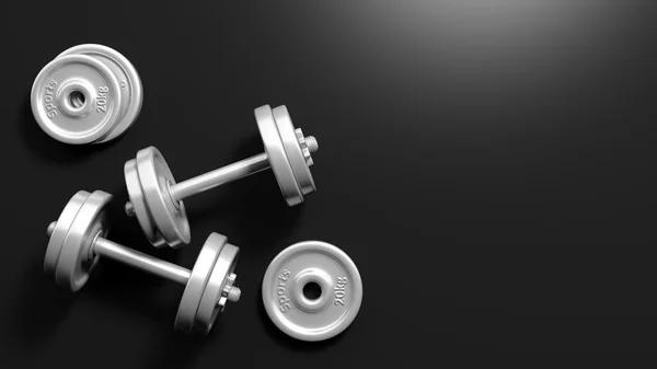 3D rendering of adjustable metallic dumbbells, on black background with copy-space — Stock Photo, Image