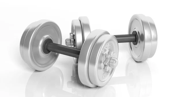 Beyaz arka plan üzerinde izole ayarlanabilir metalik dumbbells 3D render. — Stok fotoğraf