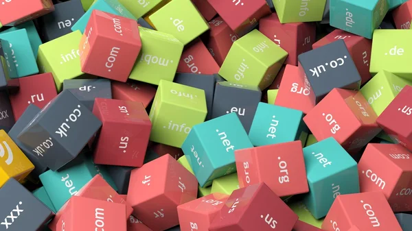 3D-rendering, kleurrijke kubussen met domeinextensies, achtergrond — Stockfoto