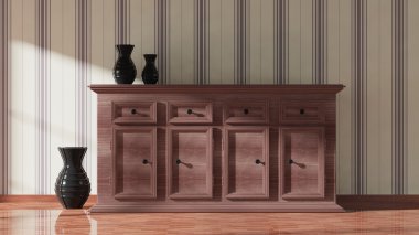 ahşap dolap ve vazolar, Ev İçişleri 3D render 