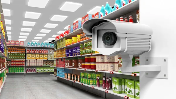 Renderização 3D da câmera de vigilância no supermercado . — Fotografia de Stock