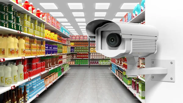 3D rendering of surveillance camera in supermarket.