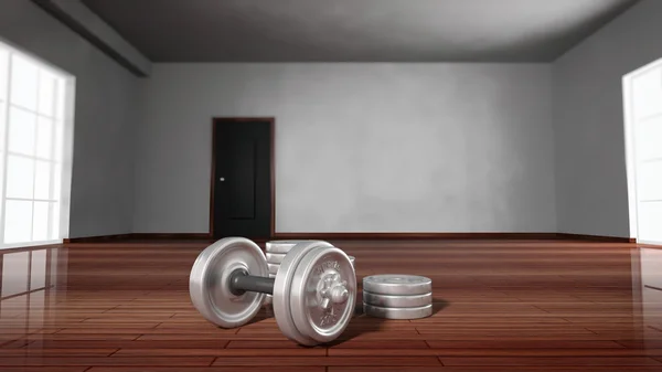 3D rendering of adjustable metallic dumbbells on wooden floor of empty room — Stock Photo, Image