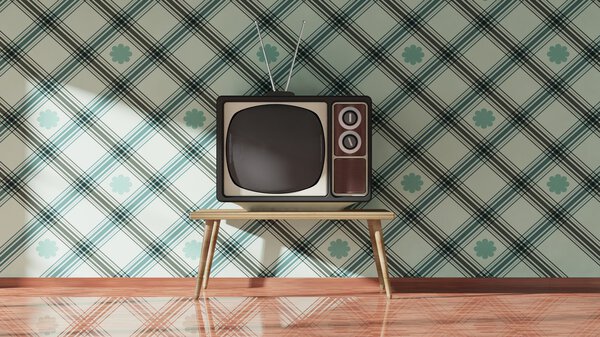 Antique TV set on table, home interior. 3D rendering