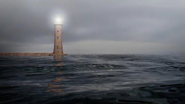 Representación 3D de un faro y aguas marinas con cielo nublado, paisaje marino —  Fotos de Stock