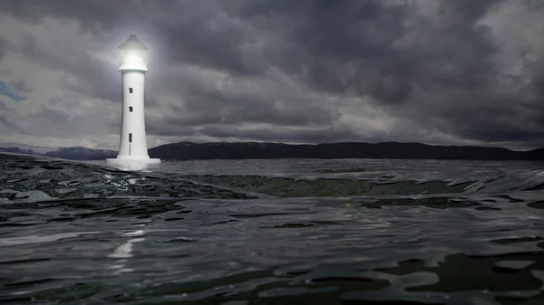 3D-Darstellung eines Leuchtturms und Meereswassers an stürmischen Tagen, Meereslandschaft — Stockfoto
