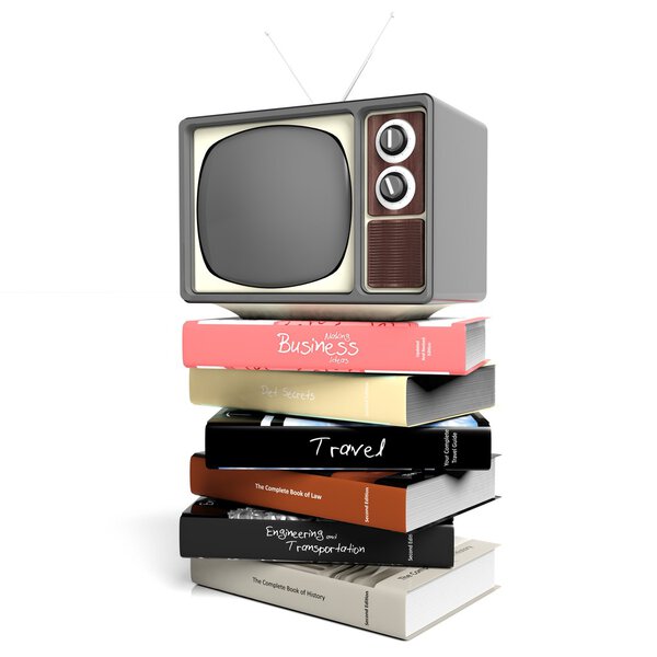 Antique TV set and books, isolated on white background. 3D rendering