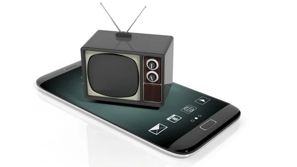 Antiker Fernseher auf dem Bildschirm des Smartphones, isoliert auf weißem Hintergrund. 3D-Darstellung — Stockfoto