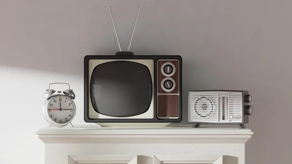 Antika Tv set, väckarklocka och radio på skåp, hem inredning. 3D-rendering — Stockfoto