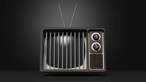 Антикварный телевизор с тюремными решетками на экране, на черном фоне. 3D рендеринг — стоковое фото