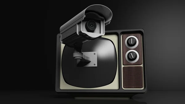 Antique TV set with surveillance camera on screen, on black background. 3D rendering — Stock Photo, Image