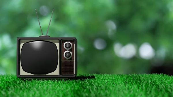 Антикварный телевизор на зеленой траве с абстрактным природным фоном. 3D рендеринг — стоковое фото