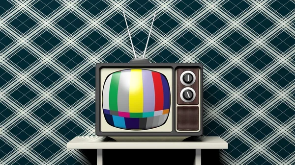 TV antik dengan warna bar pada layar di rak putih, interior rumah. Perender 3D — Stok Foto