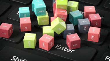 Siyah bilgisayar klavyesi üzerinde etki alanı adları ile küplerin 3d render