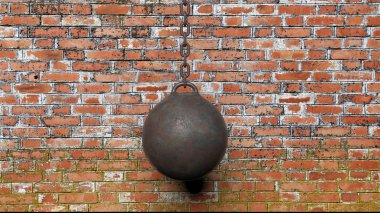 Metallic rusty wrecking ball on chain,with old brick wall background 3D rendering clipart