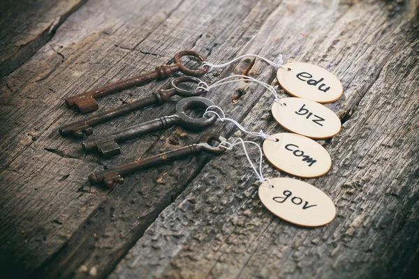 Etiquetas de madera con nombres de dominio en viejas llaves oxidadas, en superficie de madera . —  Fotos de Stock