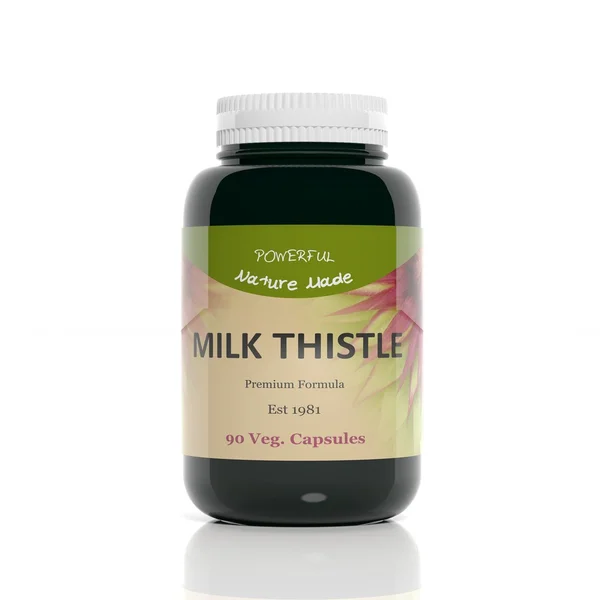 3D rendering of  Milk Thistle supplement bottle, isolated on white background. — Stock Photo, Image