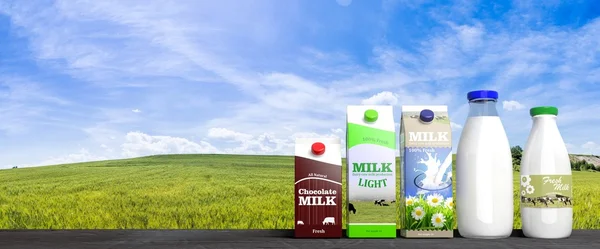 Renderização 3D de várias embalagens de leite, com campos verdes e fundo azul do céu . — Fotografia de Stock