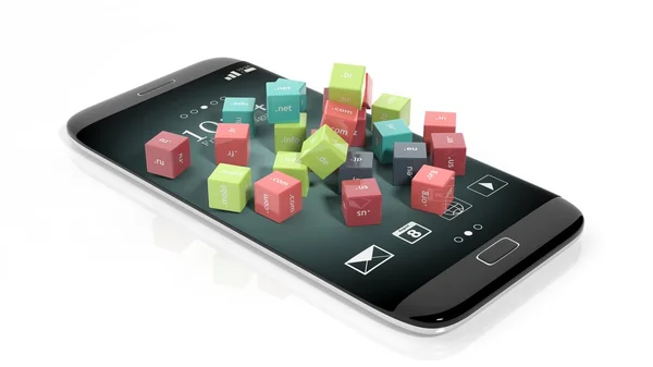 Representación 3D de cubos con nombres de dominio, en la pantalla del teléfono inteligente, aislados en blanco . — Foto de Stock