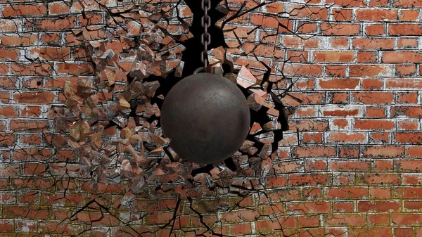 Металлический ржавый разрушающий шар на цепи, разбивающий старую кирпичную стену. 3D рендеринг — стоковое фото