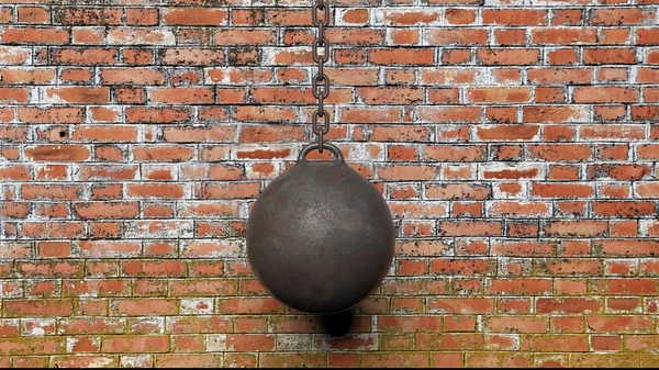 Metallic rusty wrecking ball on chain,with old brick wall background 3D rendering — Stockfoto