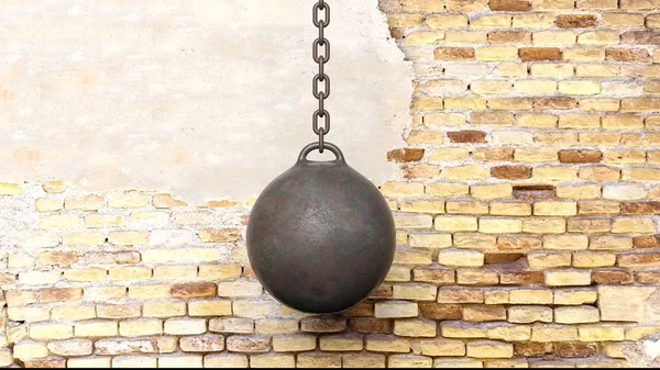 Metallic rusty wrecking ball on chain,with old brick wall background 3D rendering — Stockfoto