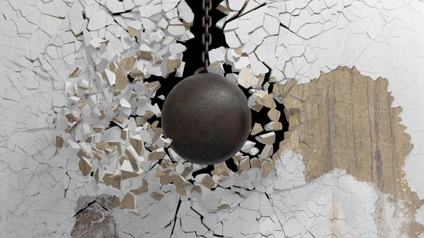 Metallic rusty wrecking ball on chain shattering  an old wall. 3D rendering — 图库照片