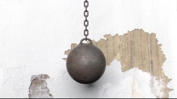 Metallic rusty wrecking ball on chain, with old wall. 3D rendering — Stock Photo, Image