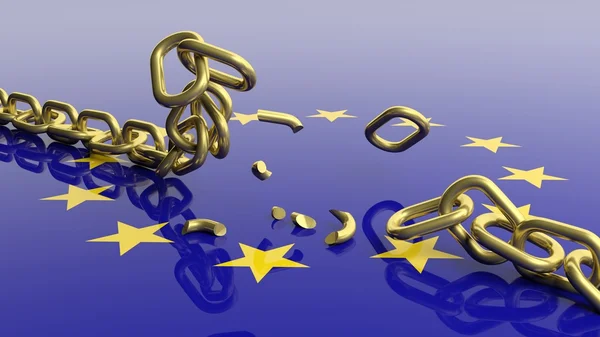 Representación 3D de la cadena desencadenada contra de la bandera de la UE — Foto de Stock