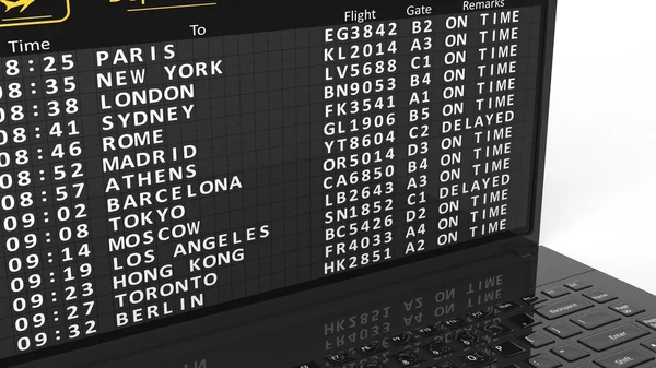 Close-up of airport timetable on laptop screen — Stock Photo, Image