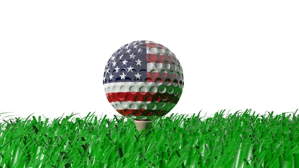 3D-rendering av golfboll med Usa flaggan på gräs, isolerad på vit bakgrund. — Stockfoto