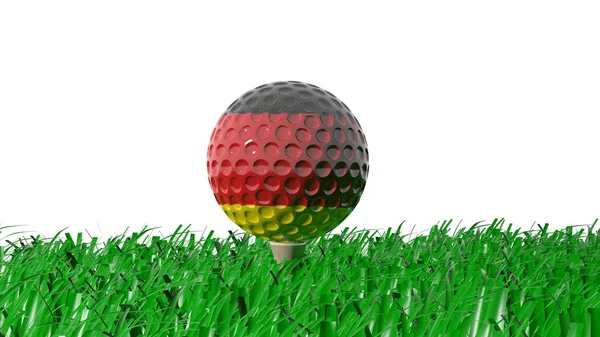 3D-rendering av golfboll med tysk flagg på gräs, isolerad på vit bakgrund. — Stockfoto