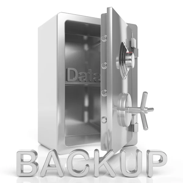 3D rendering of open Safe with Data Backup text , isolated on white background. — Stock Photo, Image