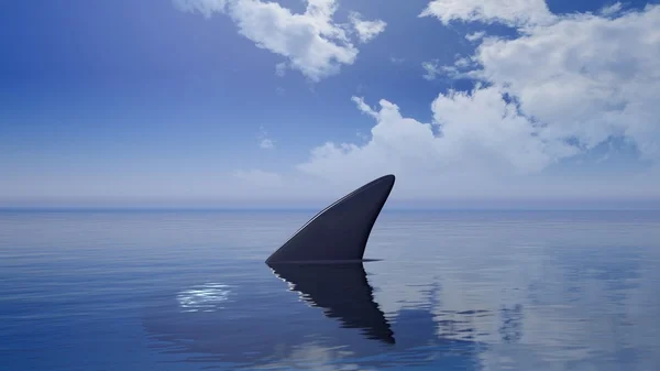 3D renderização de barbatana de tubarão acima da água, com fundo azul céu . — Fotografia de Stock