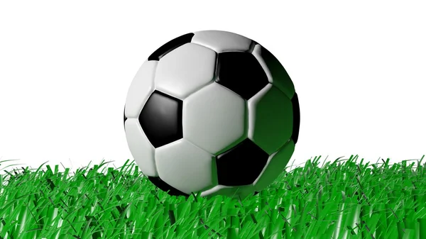 Representación 3D de pelota de fútbol sobre hierba, aislada sobre fondo blanco . — Foto de Stock