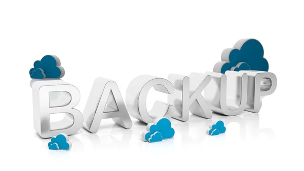 Renderização 3D de texto de backup com símbolos de nuvem, isolado em fundo branco . — Fotografia de Stock