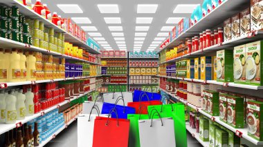 süpermarket alışveriş torbaları ve gıda ile 3D çizimi