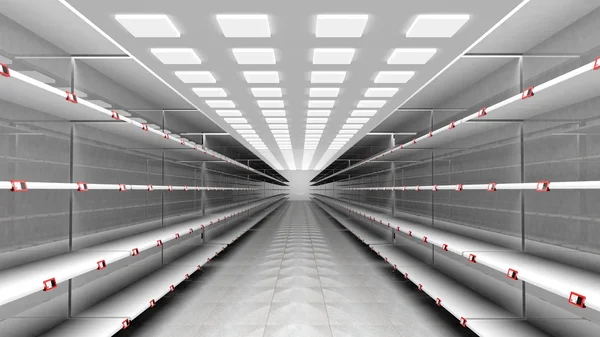 3D interior of supermarket with empty shelves — Stock Photo, Image