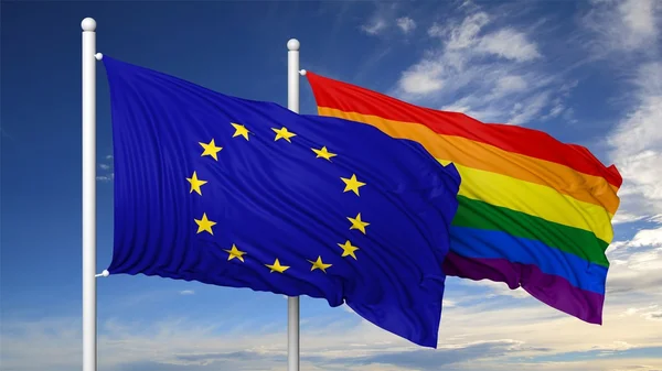 3D-рендеринг гей-флага с флагом ЕС — стоковое фото