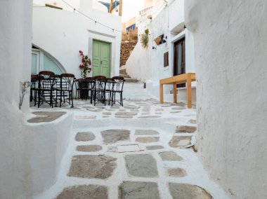 Yunanistan 'ın Ios Adası' ndaki asfalt alanı kaplayan bitkilerle sokak manzarası.