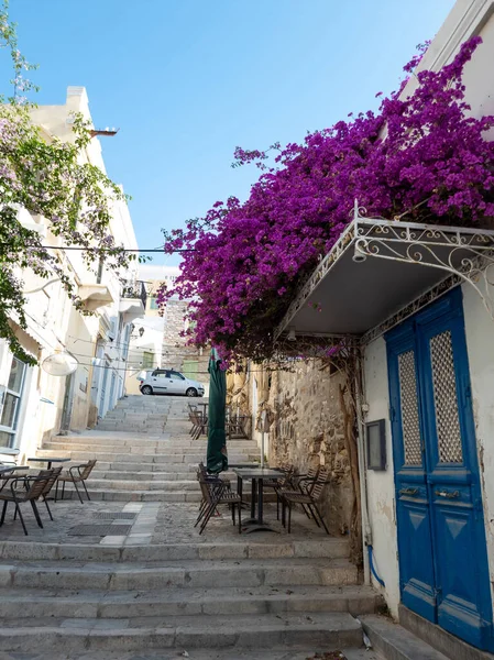 Syros岛Chora村Cyclades希腊咖啡店 在鹅卵石楼梯尽头的空椅子桌旁 开着紫色的花冠植物遮荫 暑假目的地 垂直方向 — 图库照片