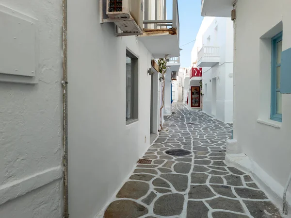 Traditional Greek Architecture Cyclades Whitewashed Houses Balconies Empty Narrow Cobblestone Stock Photo