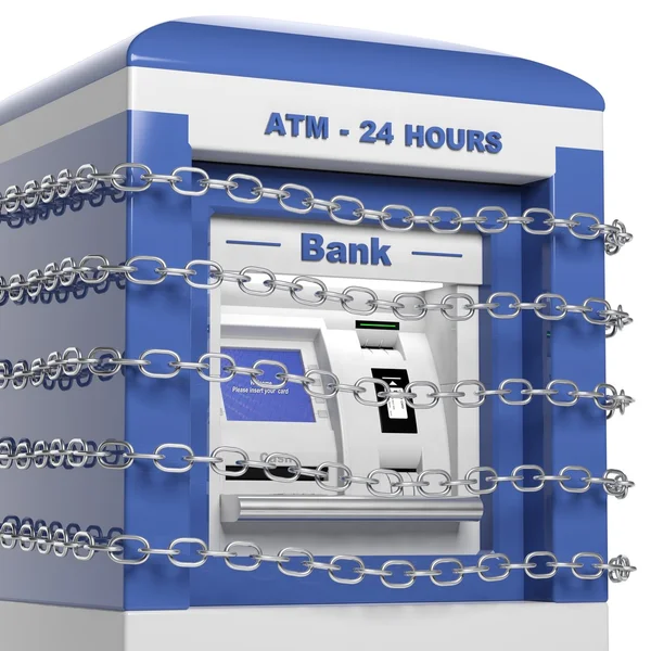 Máquina de ATM em cadeias isoladas sobre fundo branco — Fotografia de Stock