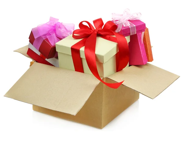 Gifts in a Cardboard box on white background — Stock Photo, Image