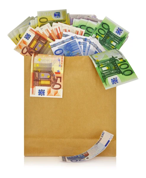 Euro banknotes in a shopping bag on white background — Stock Photo, Image