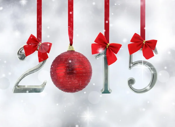 2015 number ornaments hanging on red ribbons in a glittery background — Stock Photo, Image