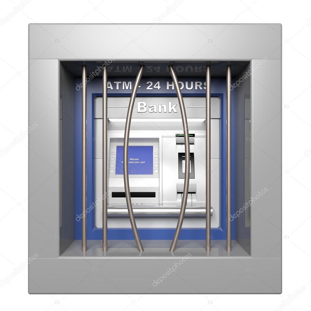 Atm machine with open prison bars isolated on white