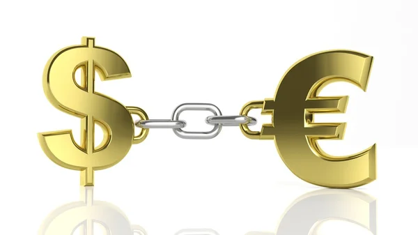 Gold Dollar and Euro symbols linked with chain isolated — Stock Photo, Image