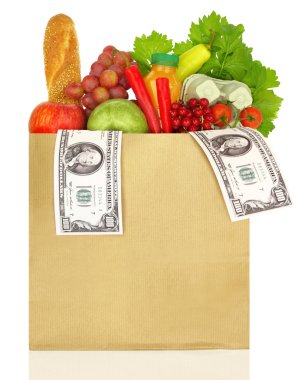 Paper bag filled with groceries and banknotes clipart