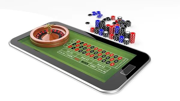 Online casino concept met Tablet PC, roulette en chips geïsoleerd — Stockfoto